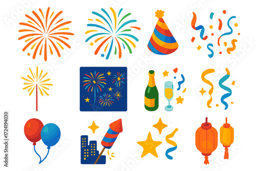 Vibrant Fireworks Celebration. Isometric vector illustration set Fireworks Festival Set: fireworks burst, sparkler, night sky,