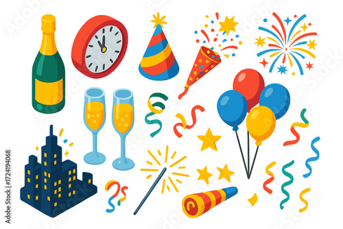 New Year Celebration Icons. Isometric vector illustration set New Year Eve Party Set: champagne, countdown clock, party hat,
