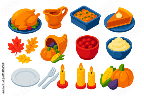Holiday Feast Icons. Isometric vector illustration set Holiday Feast Icons: turkey, gravy, stuffing, pumpkin pie, autumn leaves,