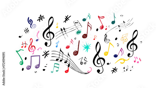 Colorful musical notes and symbols scattered on a white background in a playful arrangement style