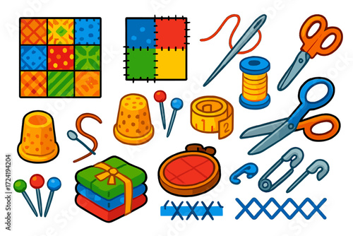 Patchwork Sewing Icons. Isometric vector illustration set Patchwork Sewing Icons: quilt, fabric patch, sewing needle, thread spool
