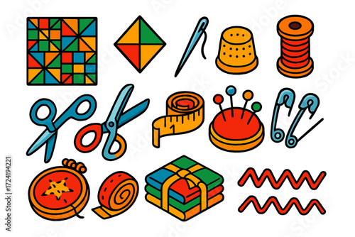 Patchwork Sewing Icons. Isometric vector illustration set Patchwork Sewing Icons: quilt, fabric patch, sewing needle, thread spool