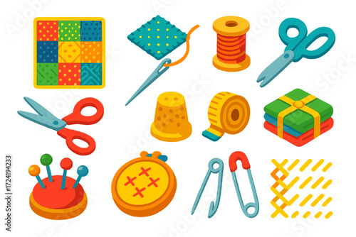 Colorful Craft Icons. Isometric vector illustration set Fabric Craft Icons: quilt, fabric patch, sewing needle, thread spool,