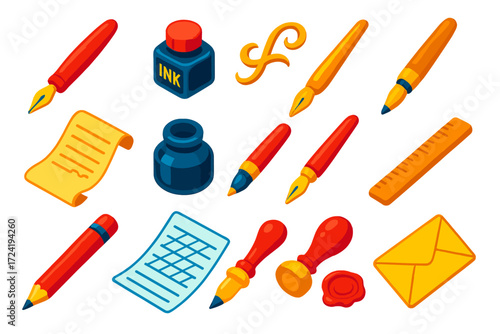 Elegant Writing Icons. Isometric vector illustration set Elegant Writing Icons: calligraphy pen, ink bottle, flourish, nib holder,