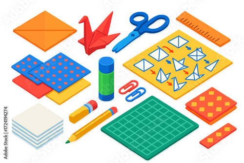 Creative Origami Icons. Isometric vector illustration set Creative Origami Icons: origami paper, folded crane, scissors, ruler,