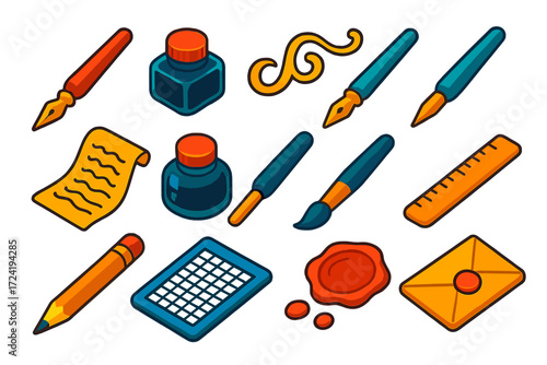 Elegant Writing Icons. Isometric vector illustration set Elegant Writing Icons: calligraphy pen, ink bottle, flourish, nib holder,