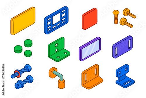 Car Plate Components. Isometric vector illustration set Car plate kit: License plate, Holder frame, Registration sticker, Mounting