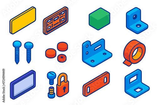 Car Plate Components. Isometric vector illustration set Car plate kit: License plate, Holder frame, Registration sticker, Mounting