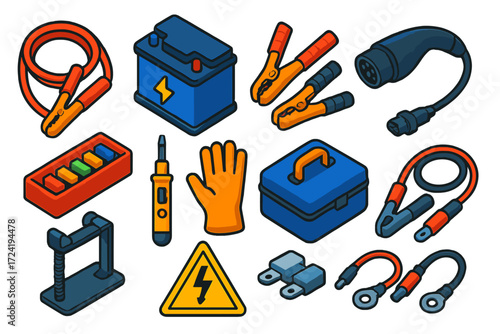 Colorful Charging Tools. Isometric vector illustration set Vehicle charging set: Jumper cables, Car battery, Battery clamps,