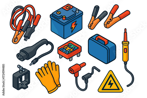 Colorful Charging Tools. Isometric vector illustration set Vehicle charging set: Jumper cables, Car battery, Battery clamps,