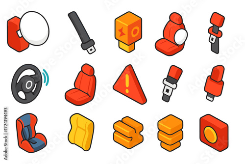 Vehicle Safety Icons. Isometric vector illustration set Vehicle safety system: Airbag module, Seatbelt strap, Crash detector,