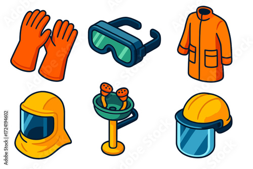Industrial Safety Gear. Isometric vector illustration set Industrial Lab Protection: thick gloves for biohazard, heavy-duty