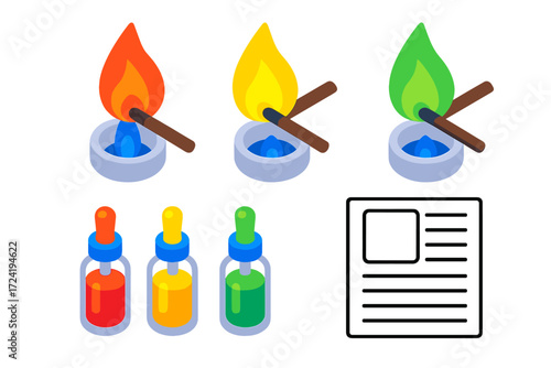 Vibrant Flame Test. Isometric vector illustration set Color Flame Test: lithium red flame, sodium yellow flame, copper green flame