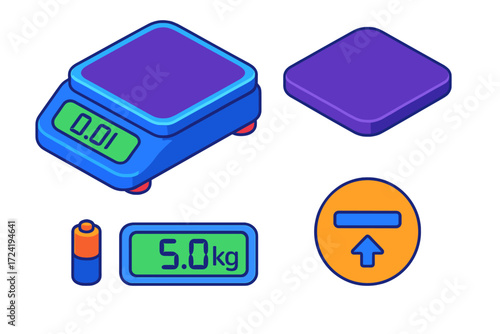 Digital Scale Icons. Isometric vector illustration set Digital Weight Measurement: modern digital scale with display, weight