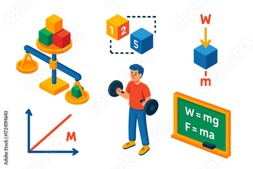 Educational Weight Concepts. Isometric vector illustration set Educational Weight Concepts: school balance with blocks, labeled