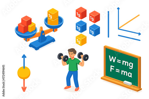 Educational Weight Concepts. Isometric vector illustration set Educational Weight Concepts: school balance with blocks, labeled