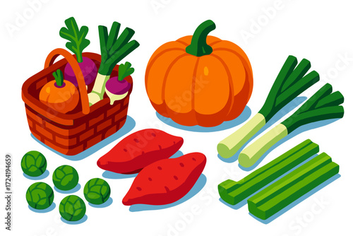 Autumn Vegetable Basket. Isometric vector illustration set Seasonal Vegetable Mix: autumn basket with pumpkin, turnips, and leeks.
