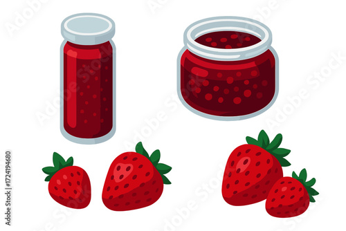 Organic Jam Packaging. Isometric vector illustration set Organic Jam Packaging: tall slender jam jar, wide-mouth preserve
