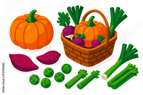 Autumn Vegetable Basket. Isometric vector illustration set Seasonal Vegetable Mix: autumn basket with pumpkin, turnips, and leeks.