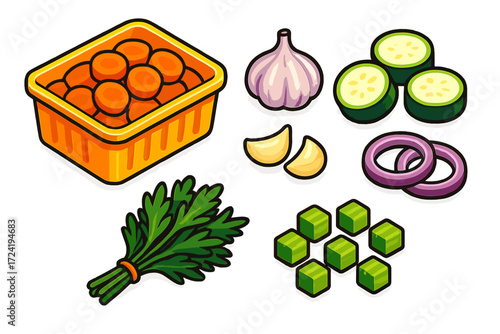 Vibrant Kitchen Prep. Isometric vector illustration set Kitchen Prep Veggie Basket: produce bin with chopped carrots, peeled