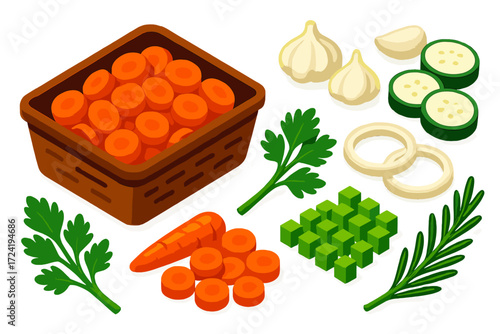 Vibrant Kitchen Prep. Isometric vector illustration set Kitchen Prep Veggie Basket: produce bin with chopped carrots, peeled