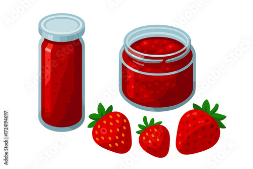 Organic Jam Packaging. Isometric vector illustration set Organic Jam Packaging: tall slender jam jar, wide-mouth preserve