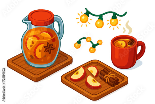 Festive Cider Display. Isometric vector illustration set Festive Cider Arrangement: large jug on holiday table, glowing string