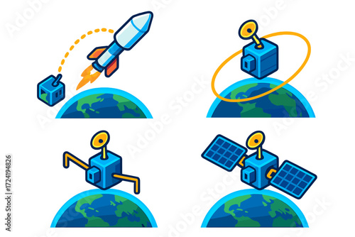 Satellite Deployment Stages. Isometric vector illustration set Satellite Deployment Process: satellite released from rocket, orbit
