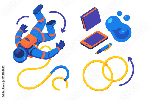 Floating Astronaut Study. Isometric vector illustration set Gravity and Motion Study: astronaut floating upside down, dropped