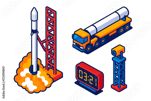 Rocket Launch Icons. Isometric vector illustration set Commercial Rocket Launch: private space company rocket, countdown clock,