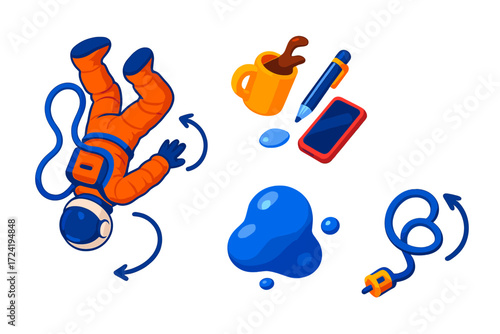 Floating Astronaut Study. Isometric vector illustration set Gravity and Motion Study: astronaut floating upside down, dropped