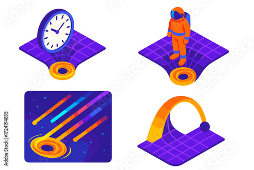 Black Hole Time Dilation. Isometric vector illustration set Time Dilation Near Black Hole: clock distortion curve, astronaut near