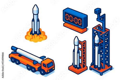 Rocket Launch Icons. Isometric vector illustration set Commercial Rocket Launch: private space company rocket, countdown clock,