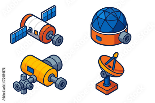 Space Habitat Design. Isometric vector illustration set Space Habitat Configuration: crew living module, laboratory pod,