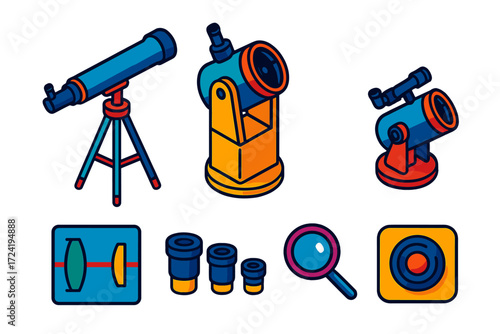 Colorful Telescope Set. Isometric vector illustration set Telescope Types Display: refractor telescope with long barrel, Dobsonian