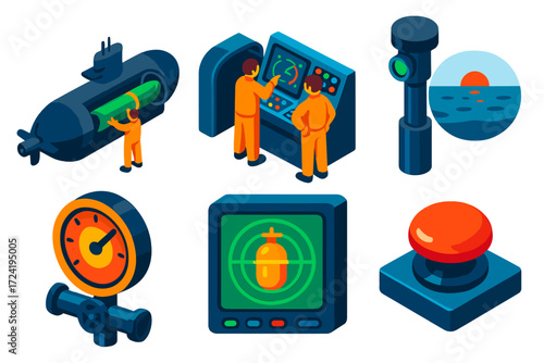 Submarine Launch Icons. Isometric vector illustration set Submarine Launch Preparation: torpedo loaded into tube, crew near