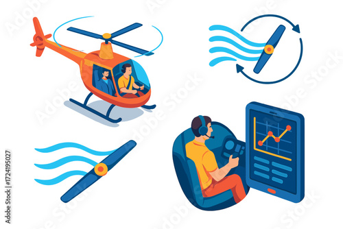 Helicopter Training Simulation. Isometric vector illustration set Training Helicopter Scene: instructor in cockpit, student pilot