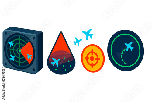 Aircraft Cockpit Radar Display. Isometric vector illustration set Aircraft Cockpit Radar: onboard display showing nearby aircraft,