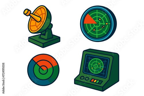 Military Radar System. Isometric vector illustration set Military Radar System: mounted radar dish, command screen with multiple
