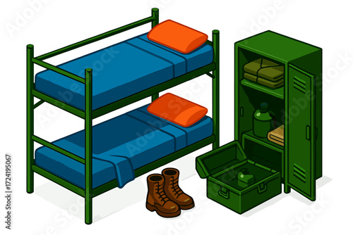 Bunk Bed Setup. Isometric vector illustration set Bunk Bed and Locker Setup: double-tier bunk with pillow and sheets, open