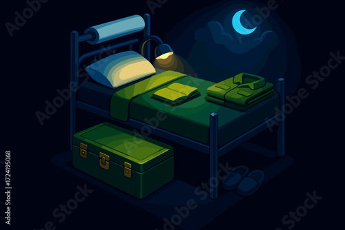 Barracks Night Setup. Isometric vector illustration set Barracks Night Setup: bunk with dim reading light, footlocker closed and