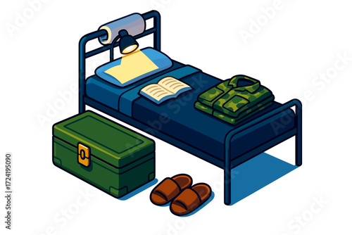 Barracks Night Setup. Isometric vector illustration set Barracks Night Setup: bunk with dim reading light, footlocker closed and