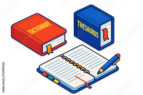 Language Learning Tools. Isometric vector illustration set Language Learning Corner: dictionary and thesaurus side-by-side,
