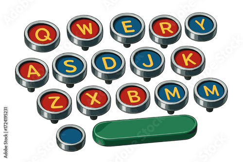 Typewriter Keys Close-Up. Isometric vector illustration set Typewriter Keys Close-Up: circular letter keys with raised edges,