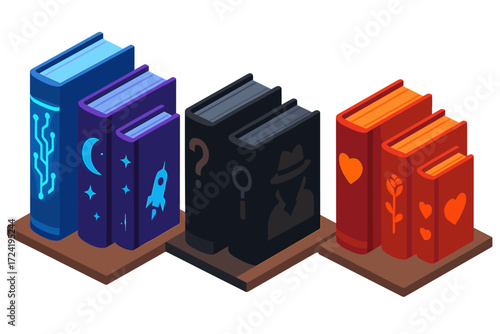 Isometric Genre Bookshelf. Isometric vector illustration set Fiction Genre Shelf: sci-fi covers with glowing spine patterns,