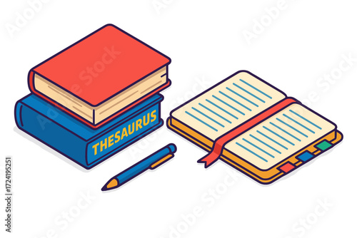 Language Learning Tools. Isometric vector illustration set Language Learning Corner: dictionary and thesaurus side-by-side,
