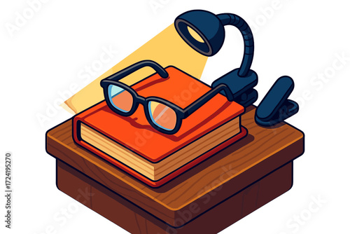 Bedtime Glasses Arrangement. Isometric vector illustration set Bedtime Glasses Resting: closed book with glasses folded on top,
