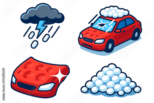 Hailstorm Car Damage Icons. Isometric vector illustration set Car Damage from Hail: car hood with visible hail dents, cracked