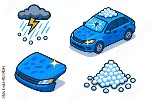 Hailstorm Car Damage Icons. Isometric vector illustration set Car Damage from Hail: car hood with visible hail dents, cracked