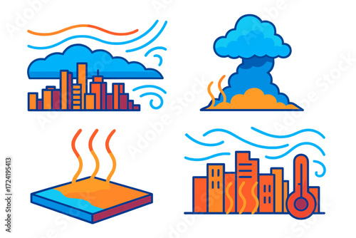 Weather Dynamics Visualization. Isometric vector illustration set Forecast Cloud Dynamics: incoming stratus front over cityscape,